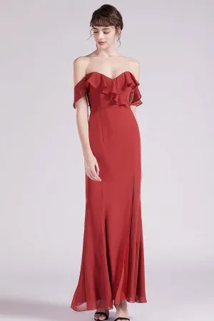 ruffled red off the shoulder dress
