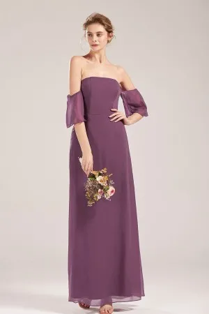 purple off the shoulder bridesmaid dress