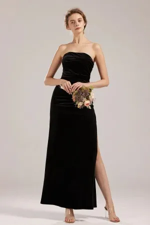 black velvet strapless slit simple bridesmaid dress