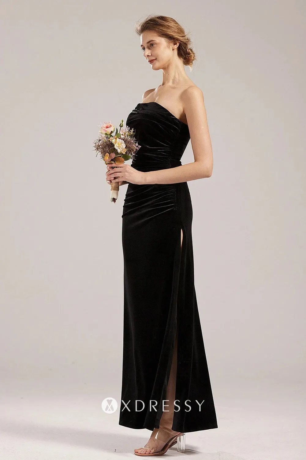 strapless slit black velvet simple bridesmaid dress strapless slit black velvet simple bridesmaid dress