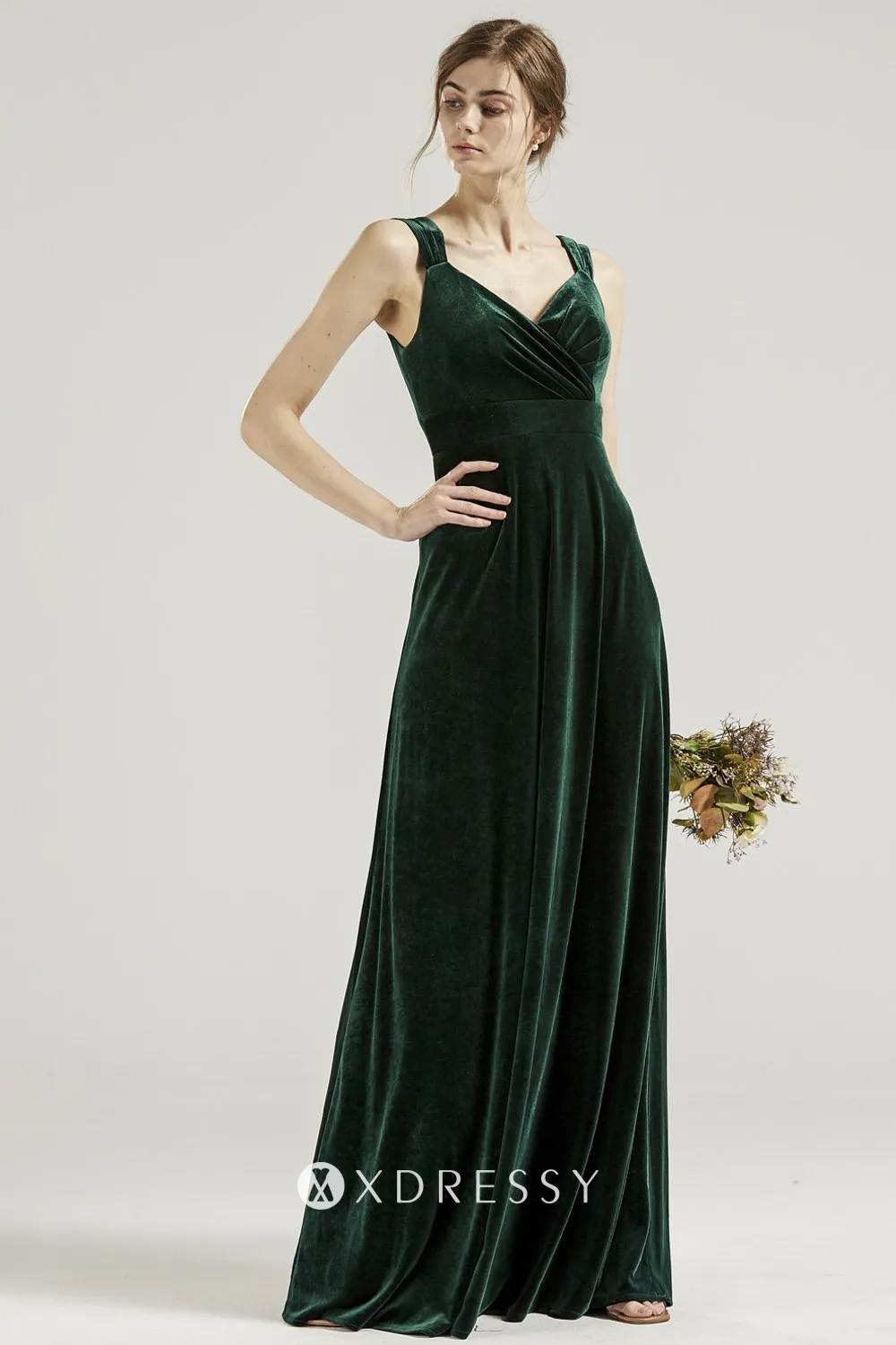 V neck wide straps dark green velvet long bridesmaid gown V neck wide straps dark green velvet long bridesmaid gown