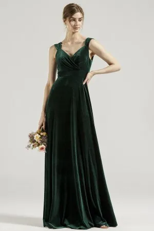 wide straps dark green velvet long bridesmaid gown