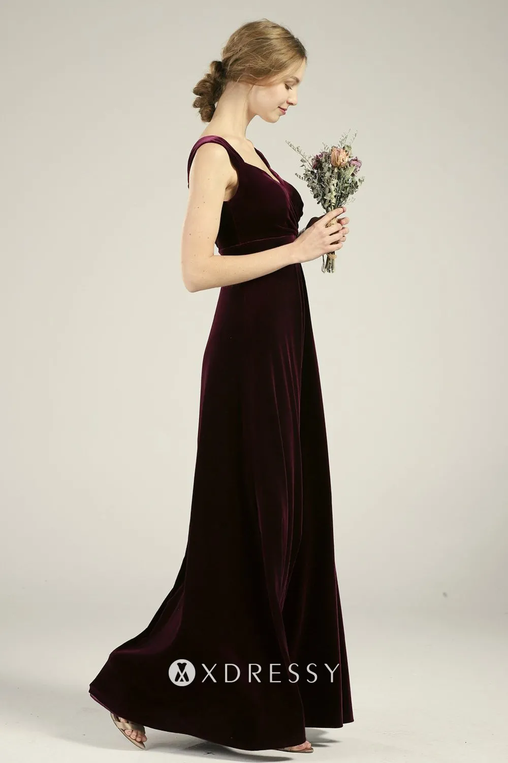 burgundy velvet A line long bridesmaid dress