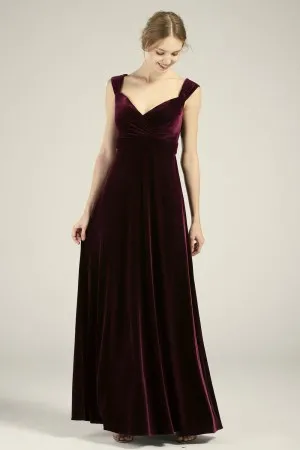burgundy velvet wide straps elegant bridesmaid dress
