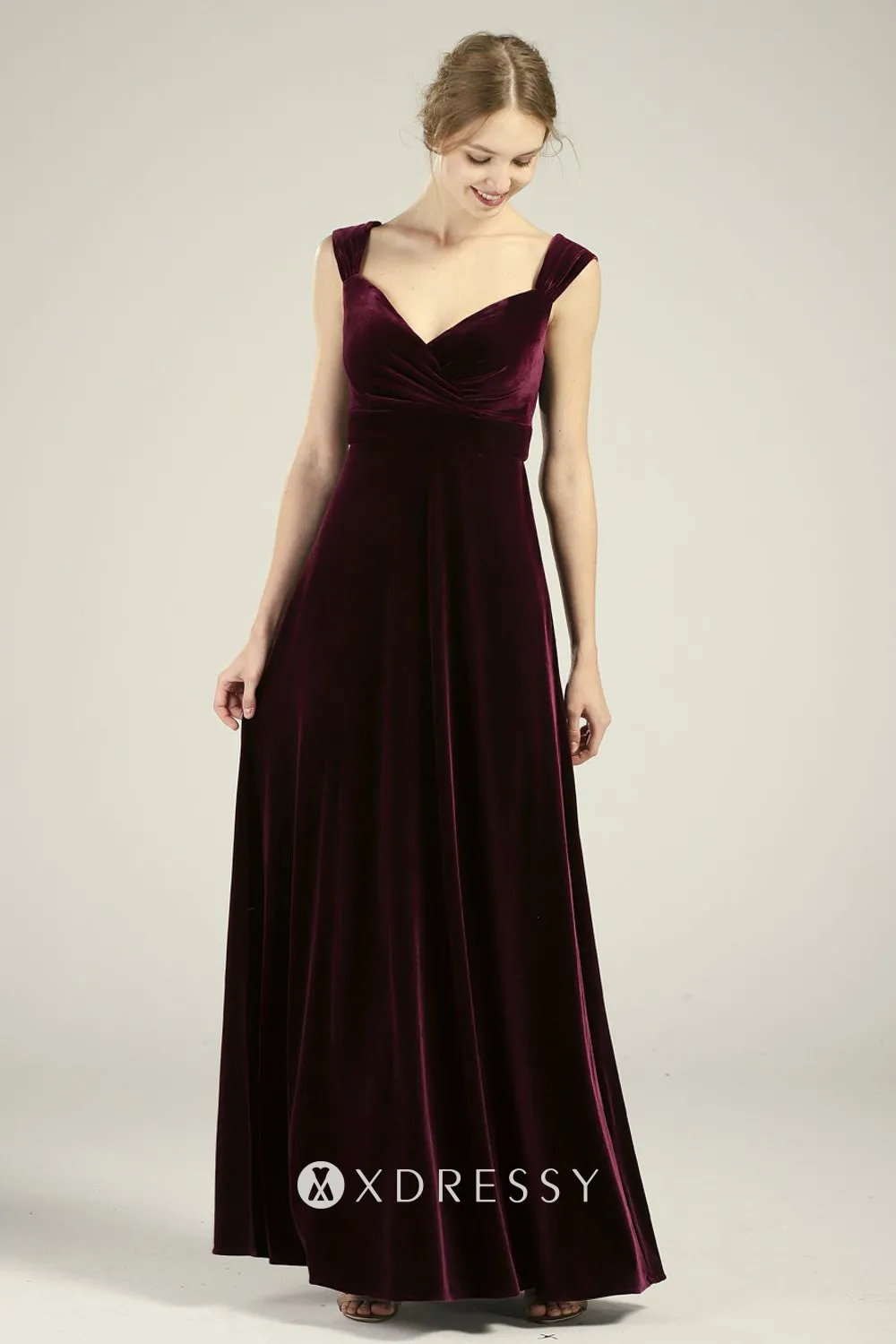 burgundy velvet wide straps elegant bridesmaid dress
