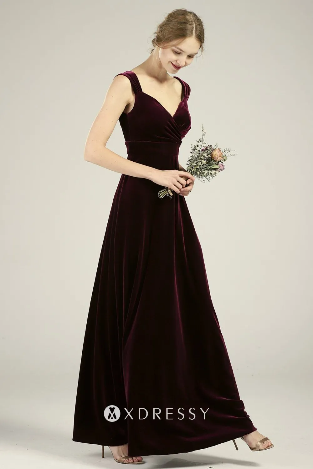 wide straps burgundy velvet elegant bridesmaid dress
