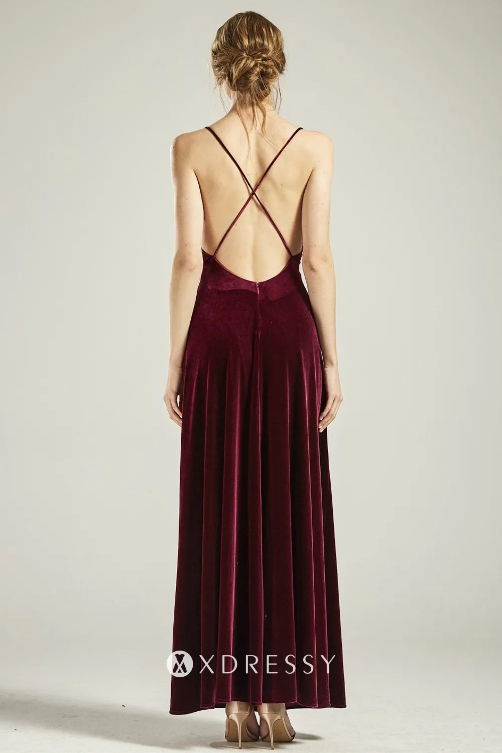 backless low back burgundy velvet bridesmaid dress