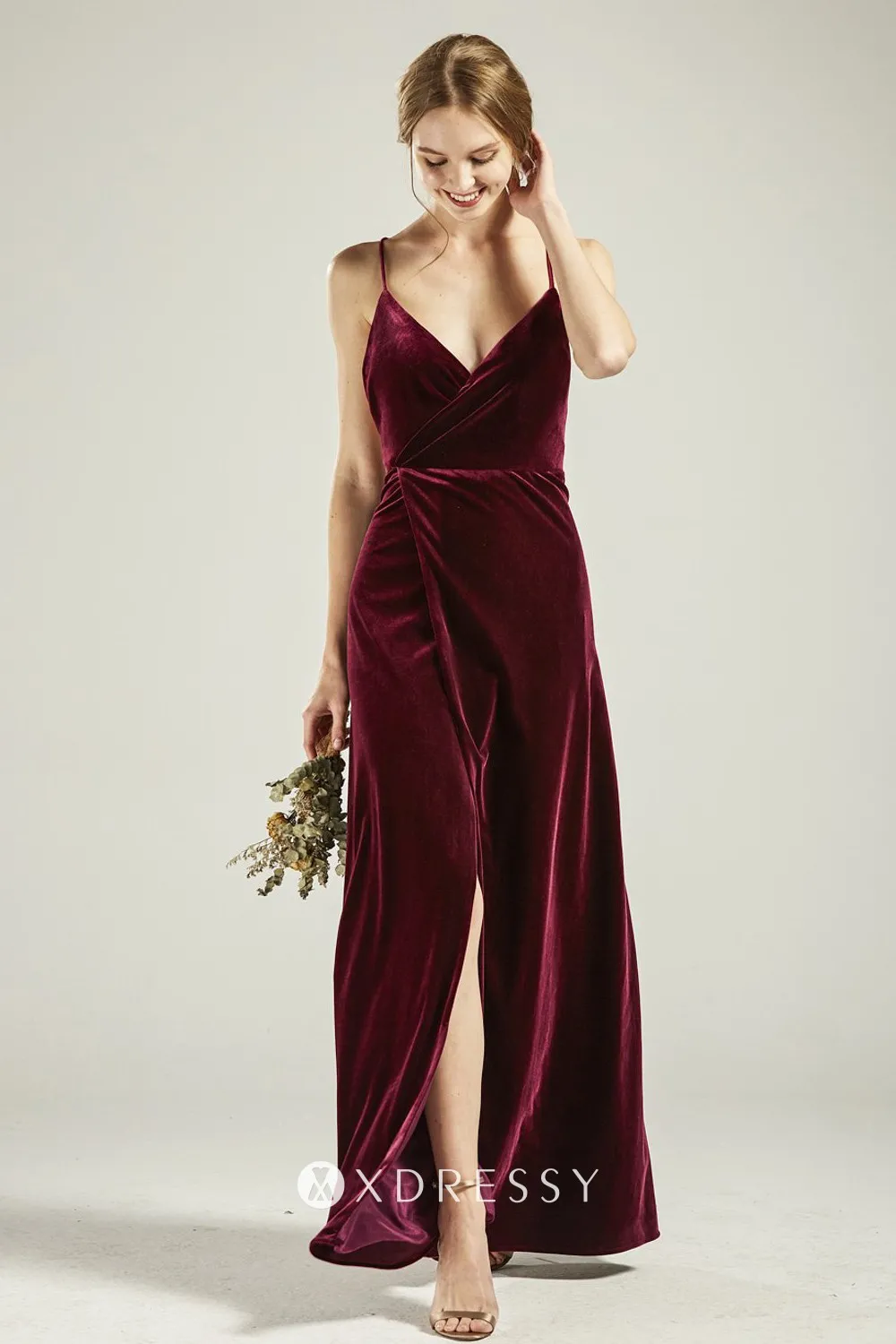 high slit V neck burgundy velvet bridesmaid dress