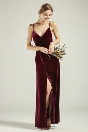 sexy V neck slit burgundy velvet bridesmaid dress