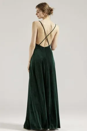 backless with spaghetti straps dark green velvet bridesmaid dress