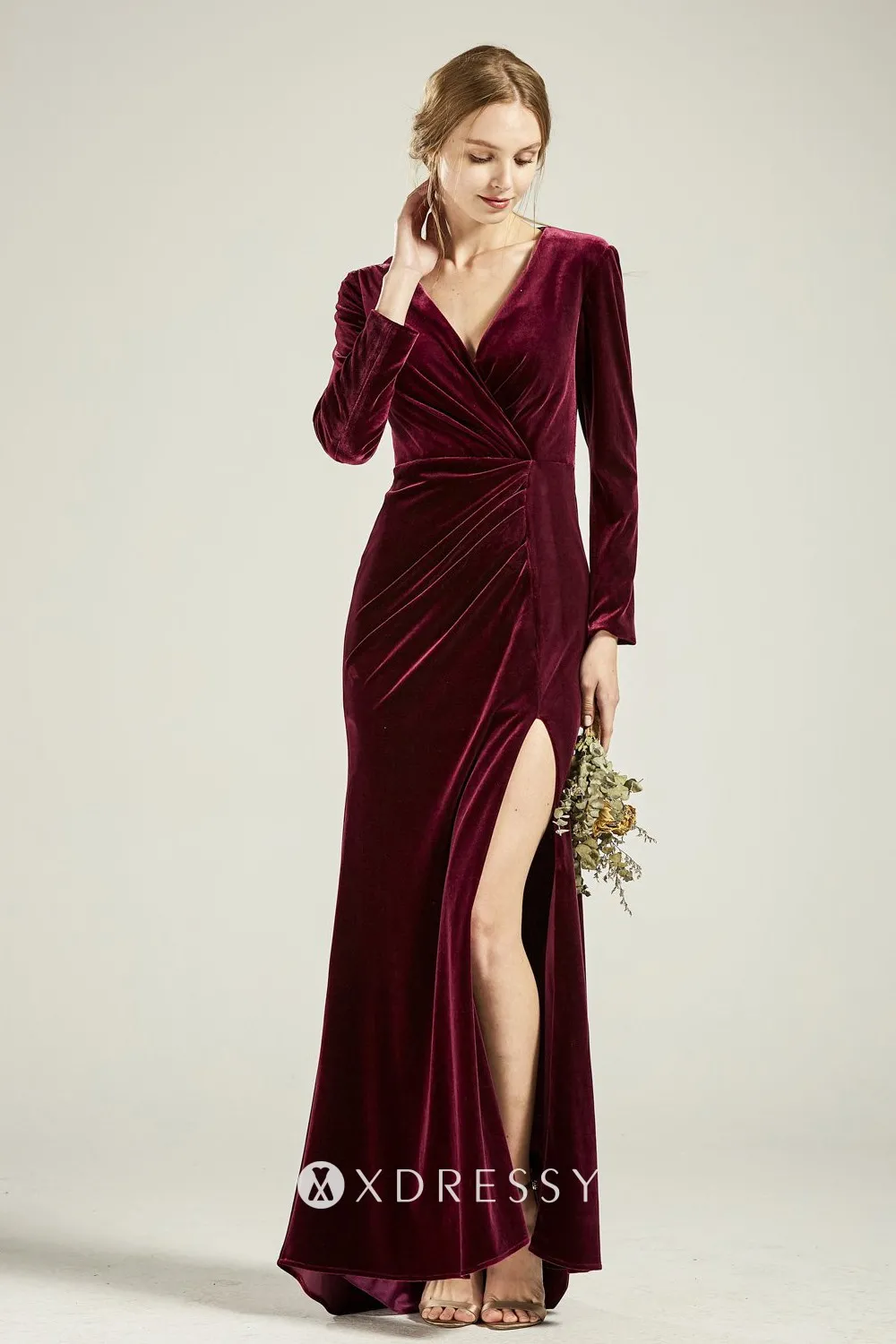 high slit sleeved wine velvet bridesmaid dress