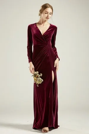 long sleeves draped wine velvet bridesmaid dress
