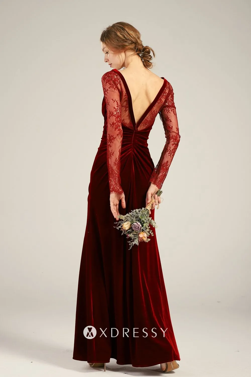 dark red illusion lace and velvet bridesmaid dress