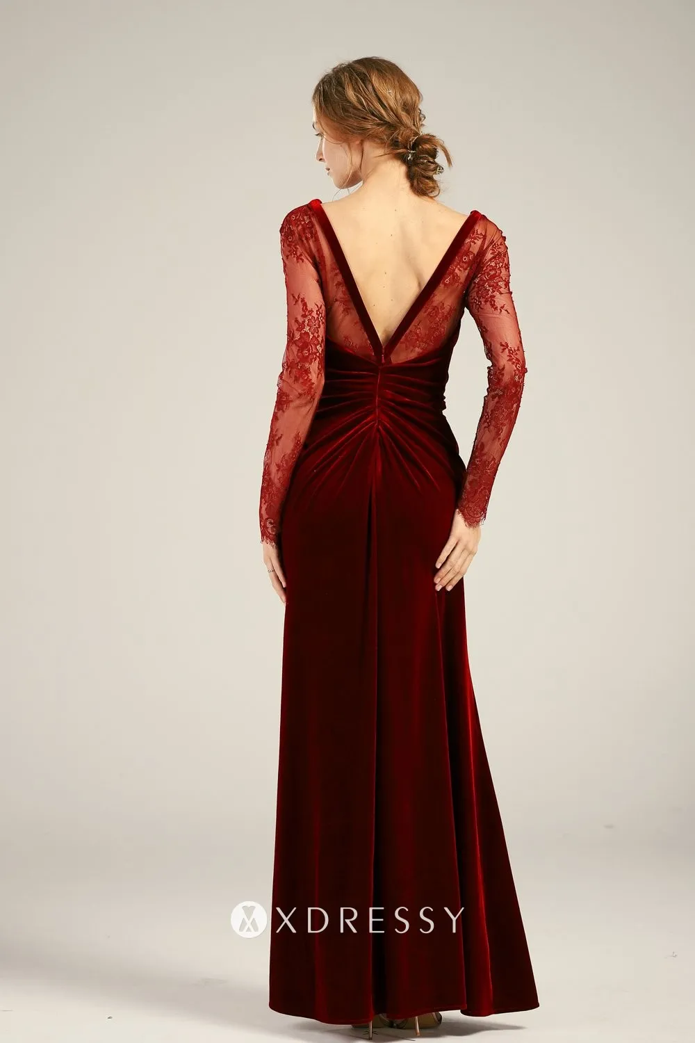 illusion lace low V back dark red velvet bridesmaid dress
