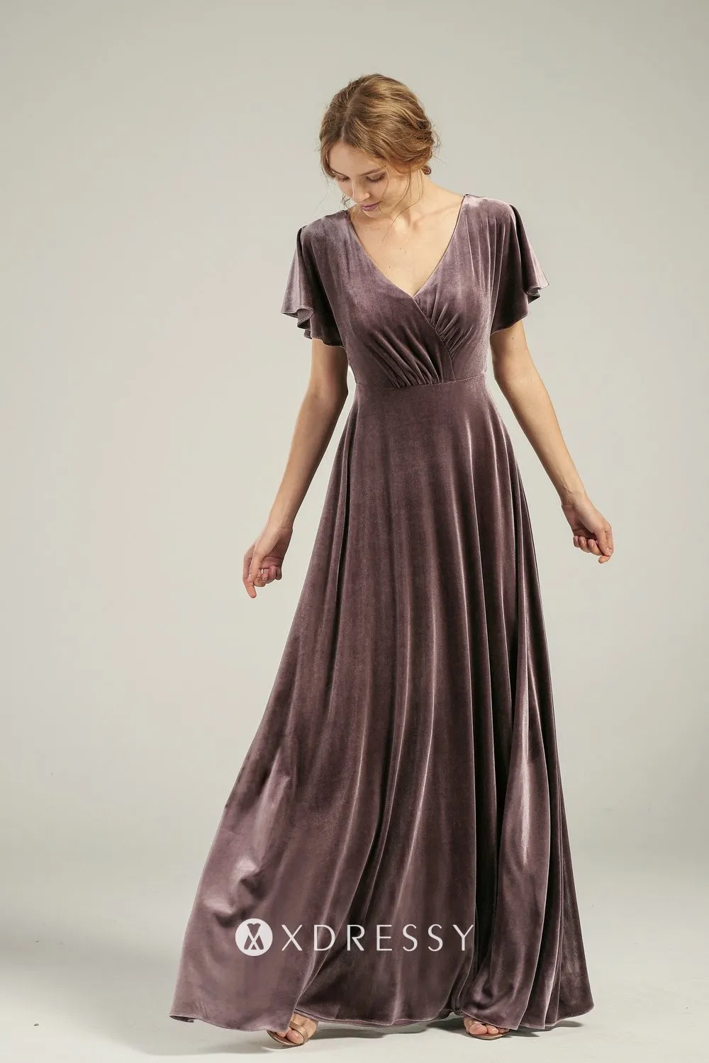 V neck short flutter sleeves mocha velvet bridesmaid gown V neck short flutter sleeves mocha velvet bridesmaid gown
