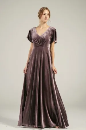 short flutter sleeves mocha velvet bridesmaid gown