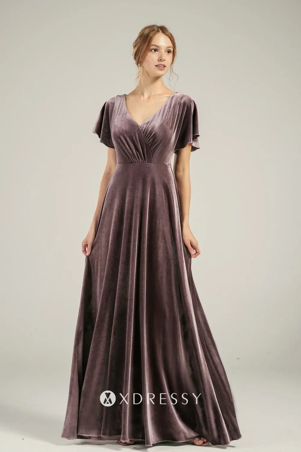 short flutter sleeves mocha velvet bridesmaid gown short flutter sleeves mocha velvet bridesmaid gown