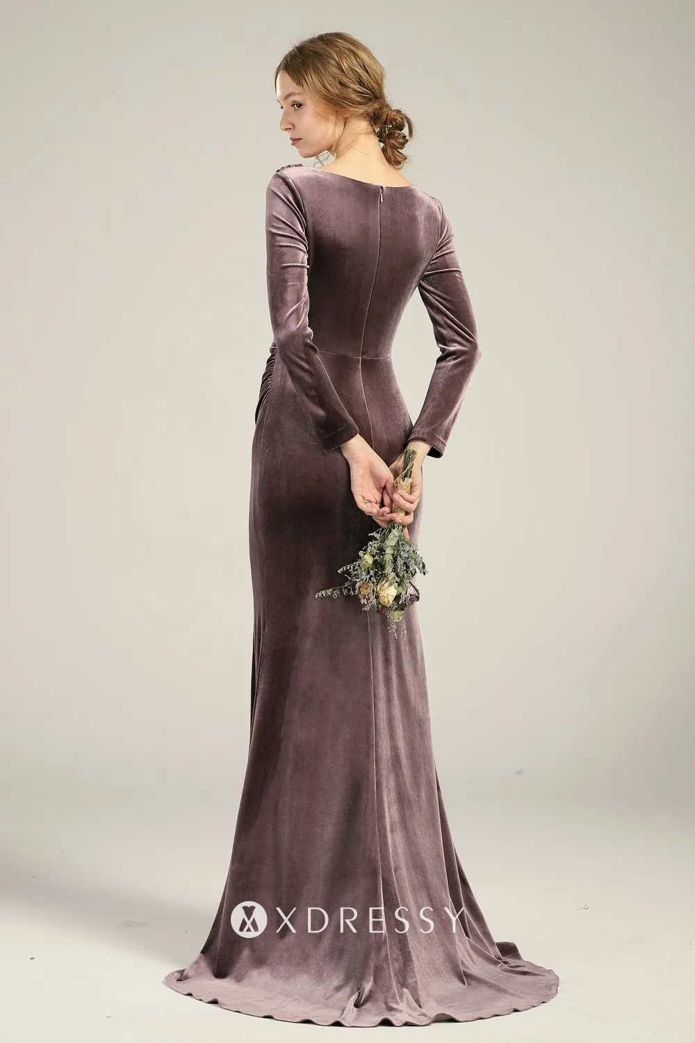 closed back long sleeves mocha velvet bridesmaid dress