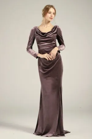 elegant cowl neck long sleeves mocha velvet bridesmaid dress