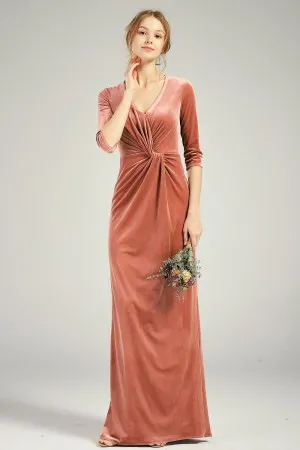 34 sleeves twisted English rose velvet sheath bridesmaid dress