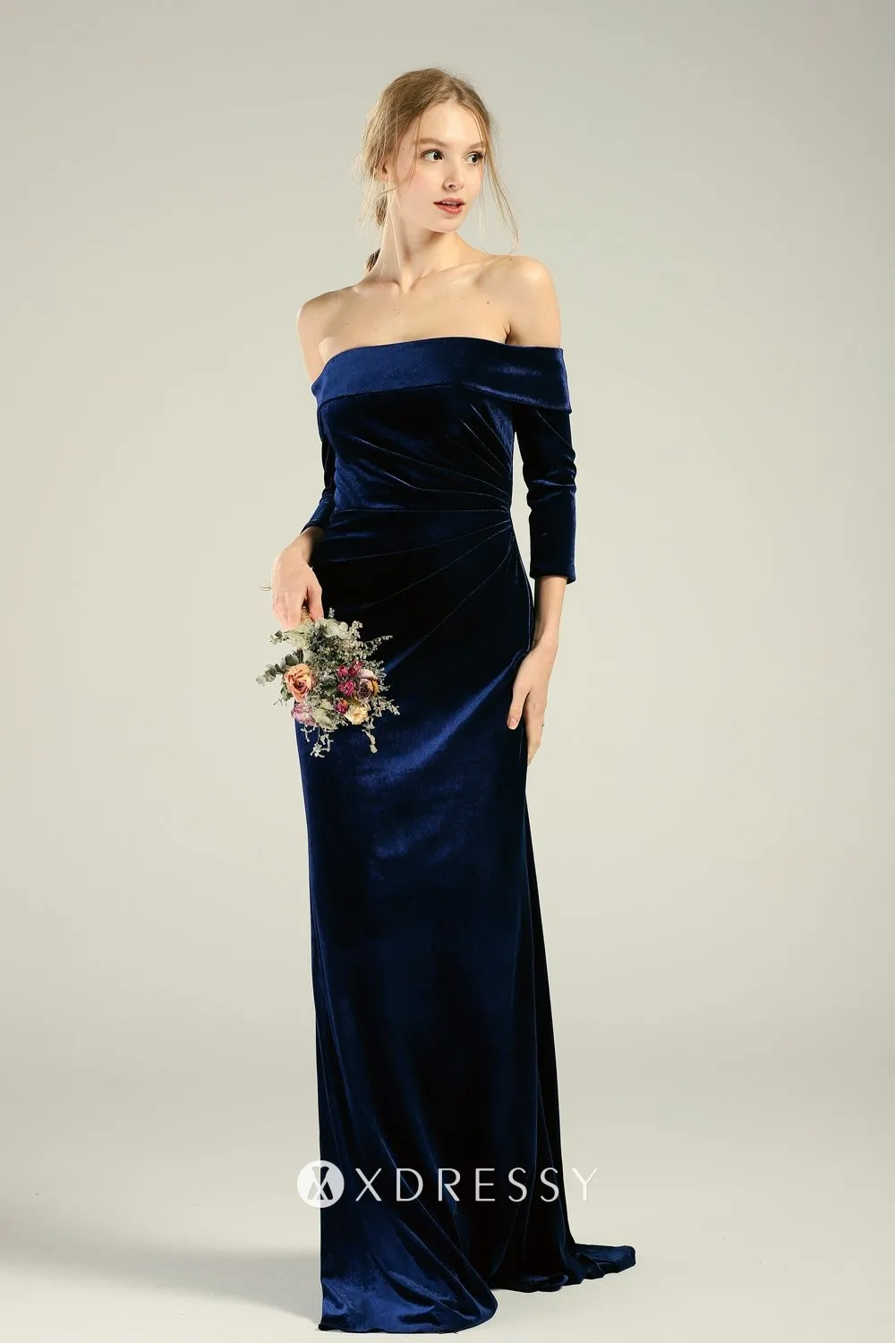off shoulder 34 sleeves navy blue velvet bridesmaid dress