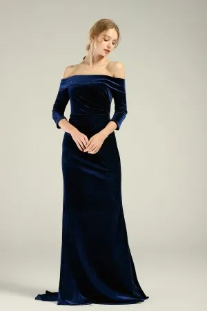 off the shoulder navy blue velvet bridesmaid dress