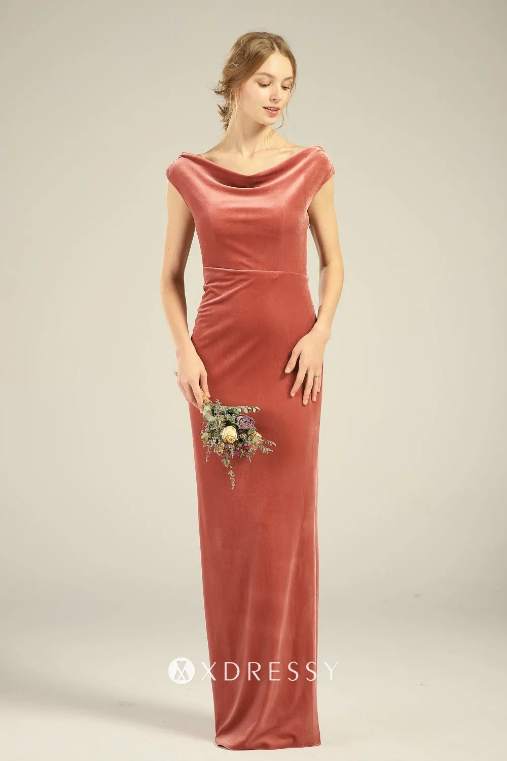 cap sleeves cowl neck English rose bridesmaid gown