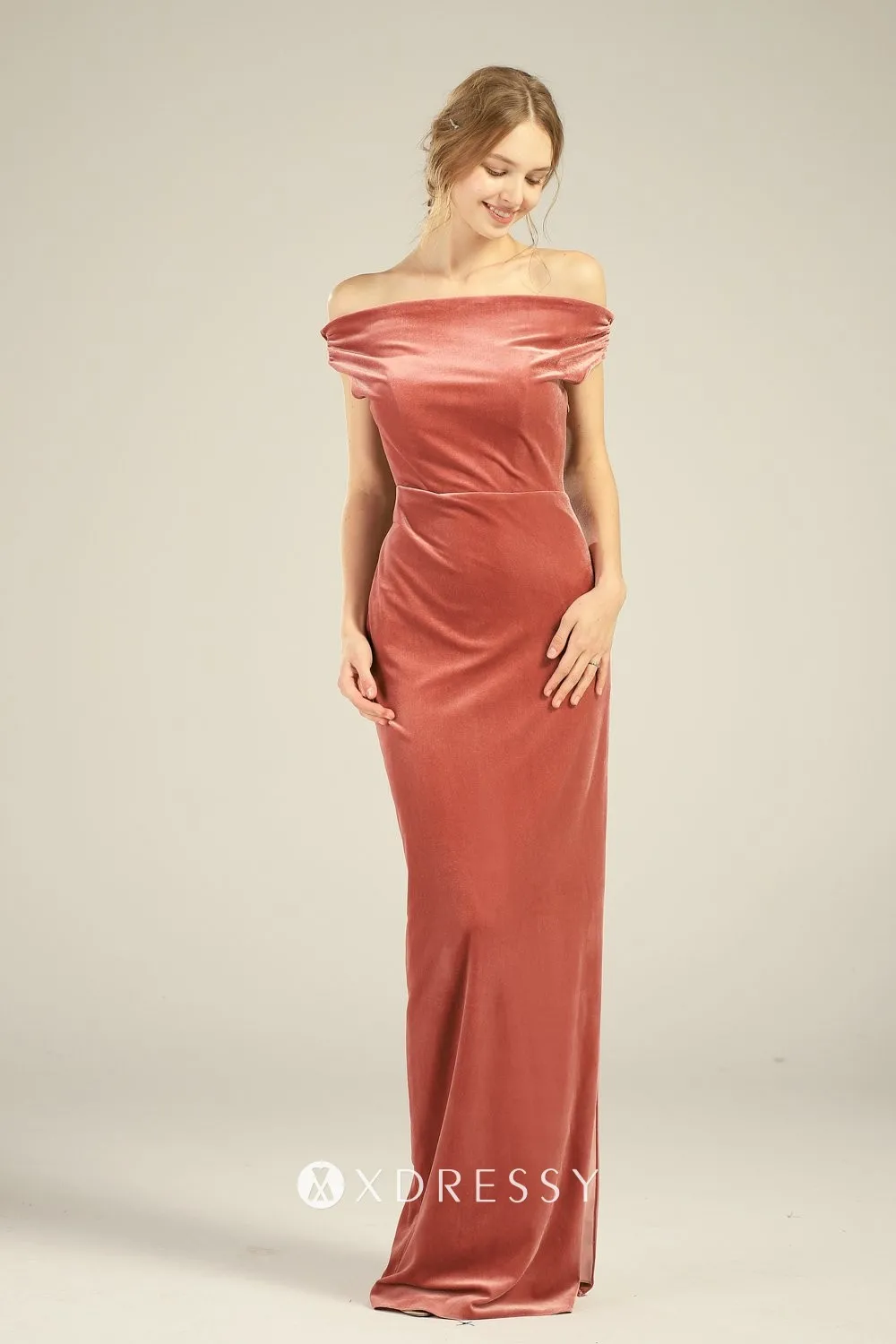 off the shoulder straight across neck English rose bridesmaid gown