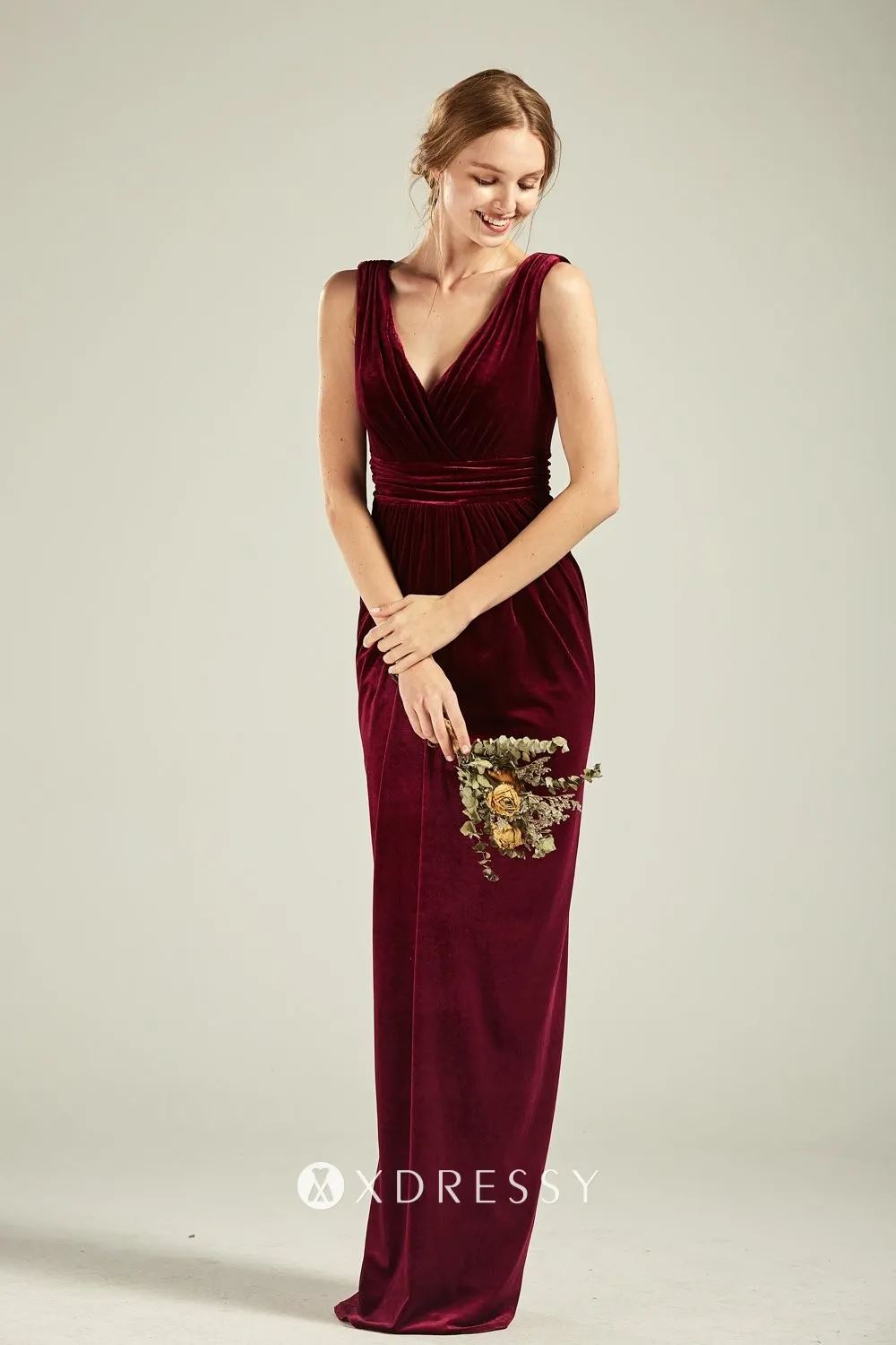sheath silhouette V neckline burgundy velvet bridesmaid dress