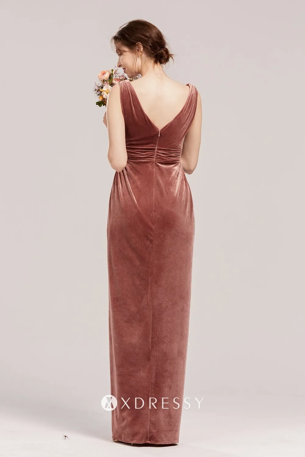 Plunging V-neck Rhinestone Decor Sheath Jersey Gown Dusty Rose Plus Size