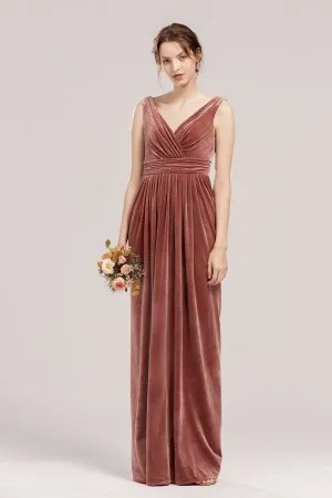 V neck dusty rose velvet neutral bridesmaid dress