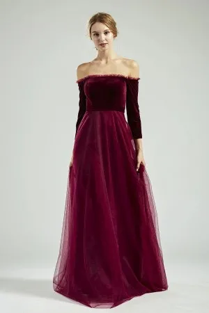 off shoulder 34 sleeves merlot bridesmaid dress