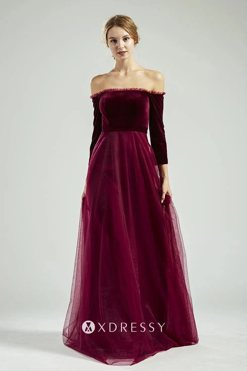 off shoulder 34 sleeves merlot bridesmaid dress off shoulder 34 sleeves merlot bridesmaid dress