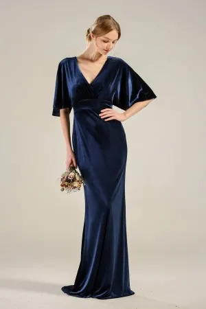 flutter sleeves navy blue velvet bridesmaid dress