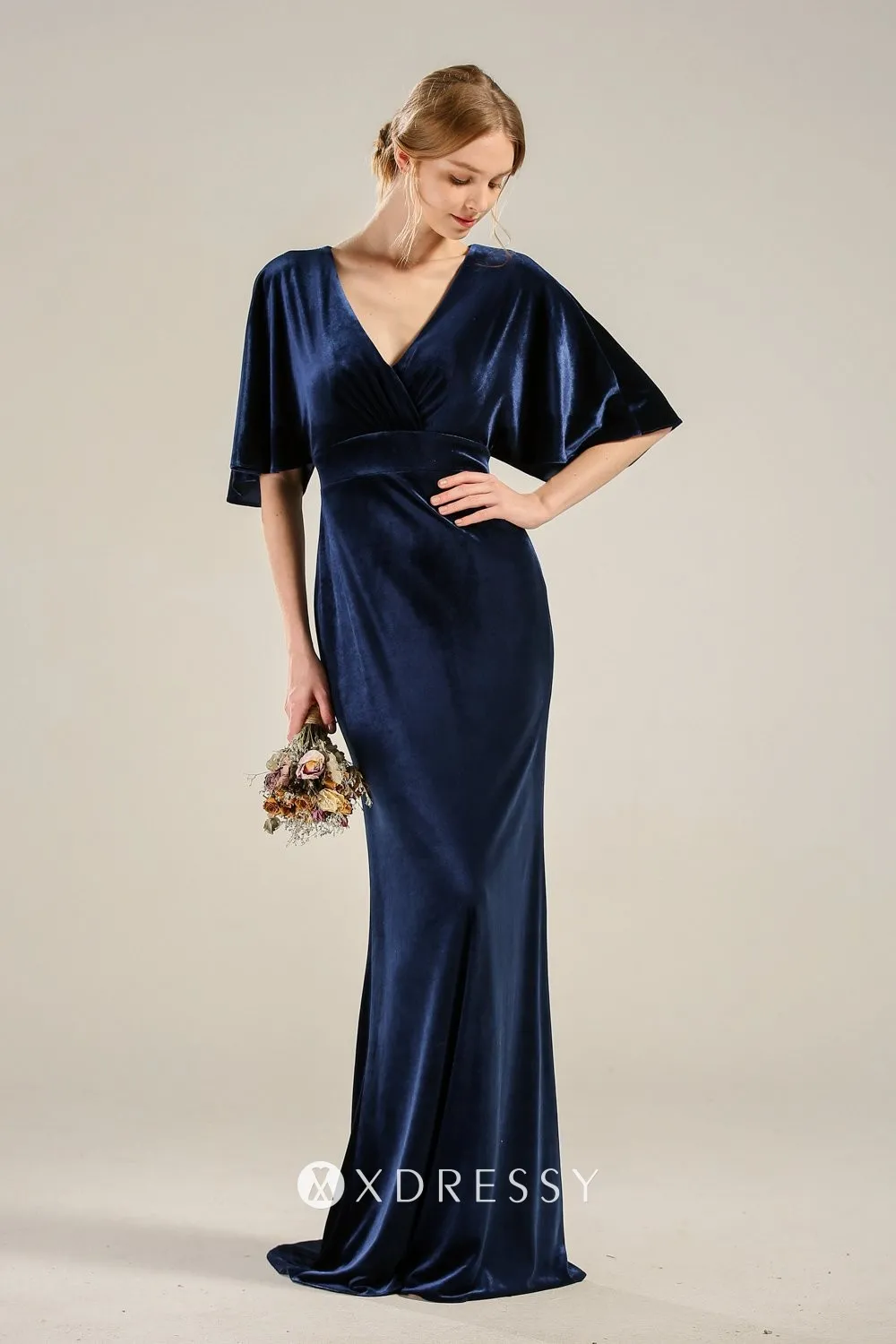 Flutter Sleeves Navy Blue Velvet Bridesmaid Dress Xdressy