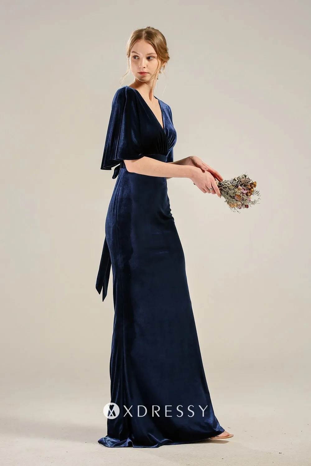flutter sleeves navy blue velvet floor length bridesmaid dress flutter sleeves navy blue velvet floor length bridesmaid dress