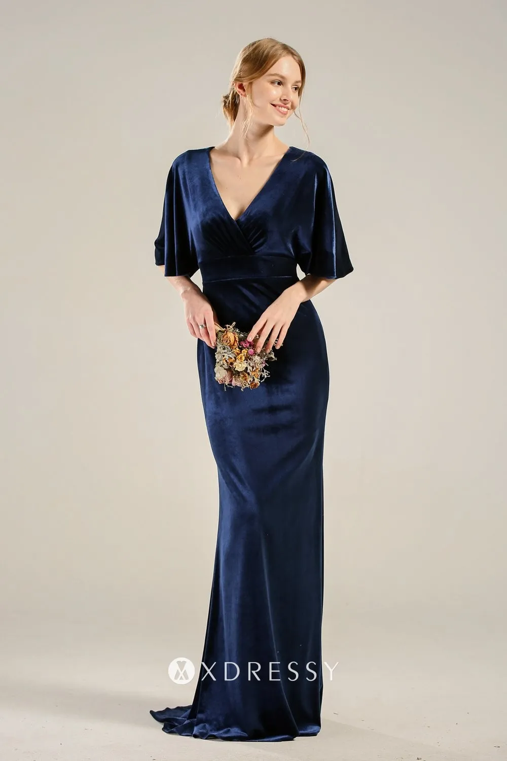 navy blue velvet flutter sleeves bridesmaid dress navy blue velvet flutter sleeves bridesmaid dress
