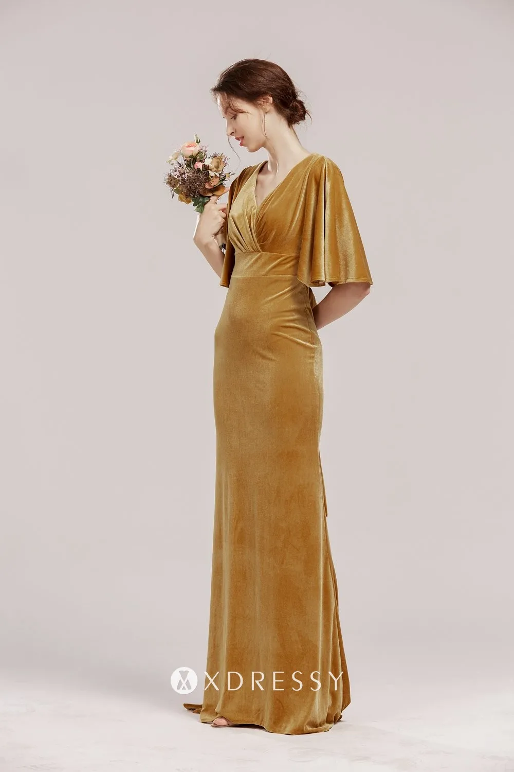 Ginger Yellow Velvet Flutter Sleeves Bridesmaid Dress Xdressy