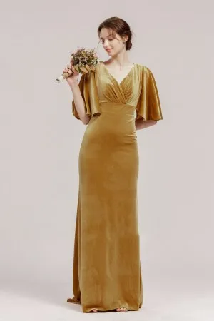 ginger yellow velvet flutter sleeves bridesmaid dress