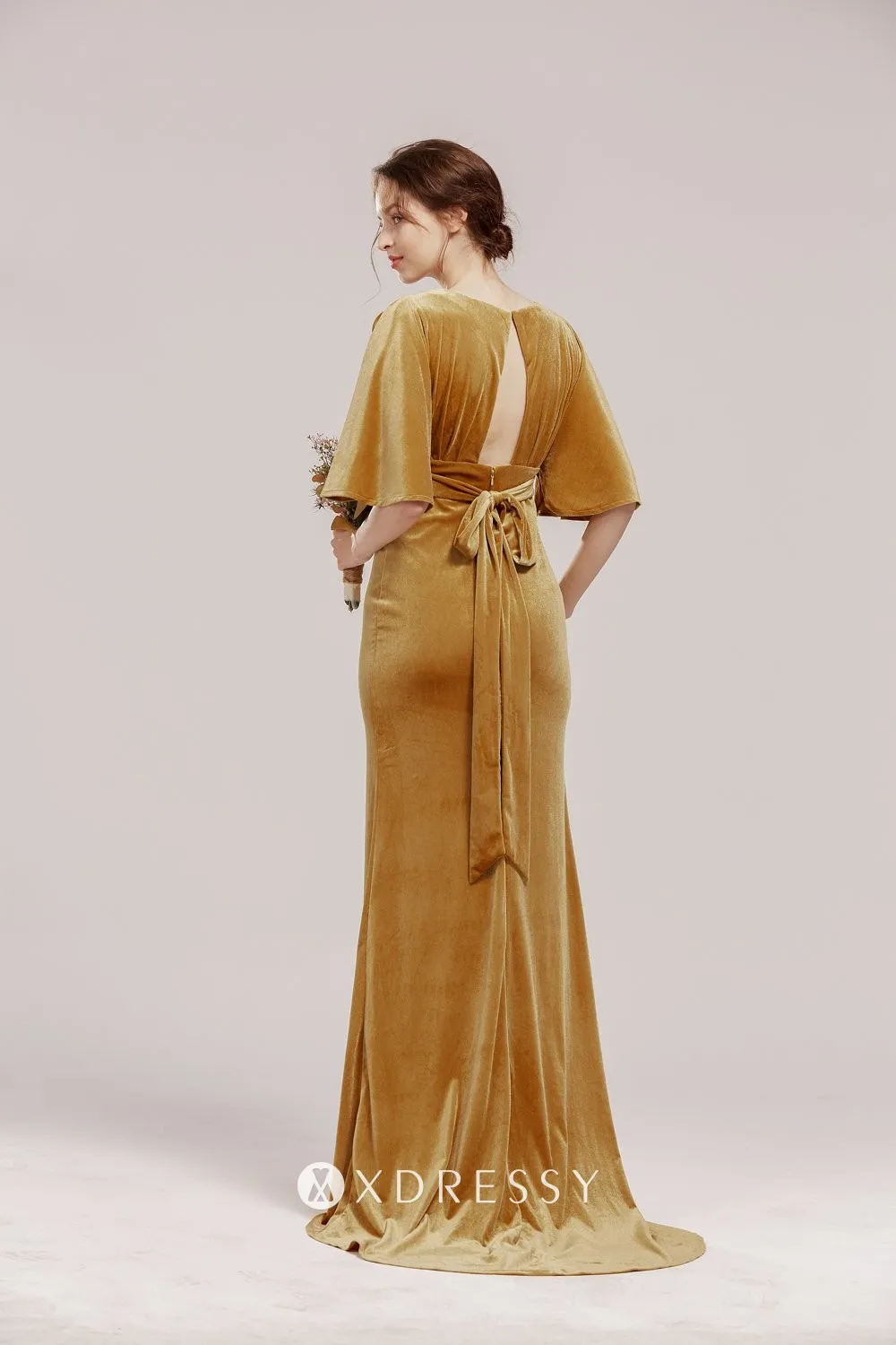 keyhole open back ginger yellow velvet bridesmaid dress