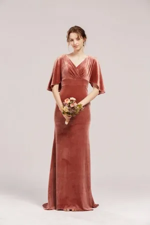 batwing sleeve empire waist brick red velvet bridesmaid dress