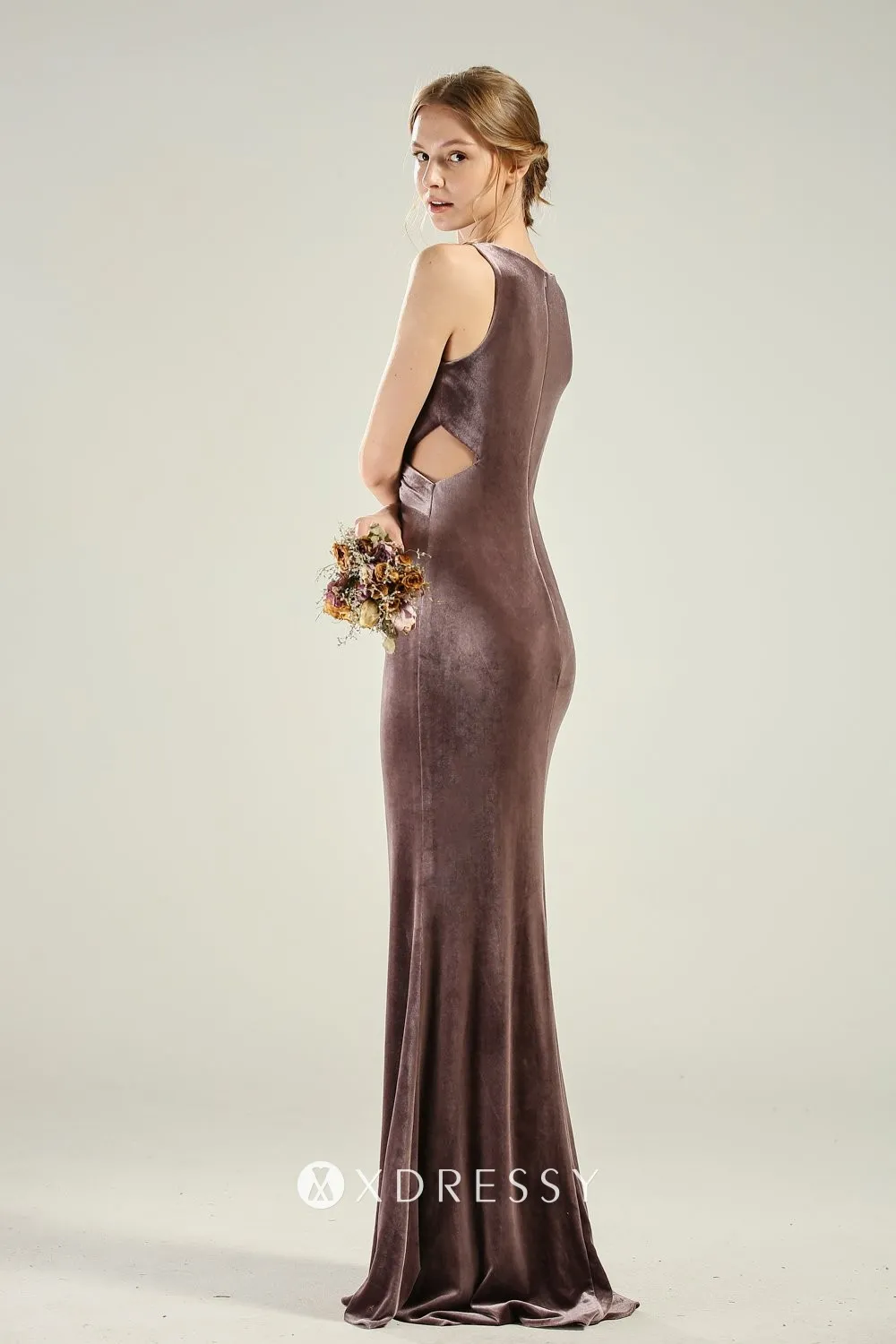 closed back cut out waist dark mauve velvet bridesmaid dress