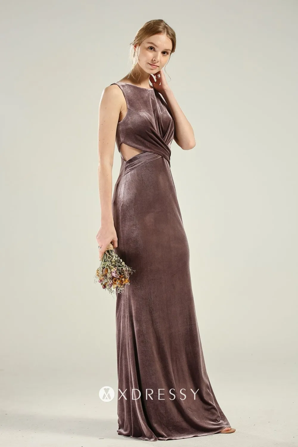cut out waist boat neck dark mauve velvet bridesmaid dress
