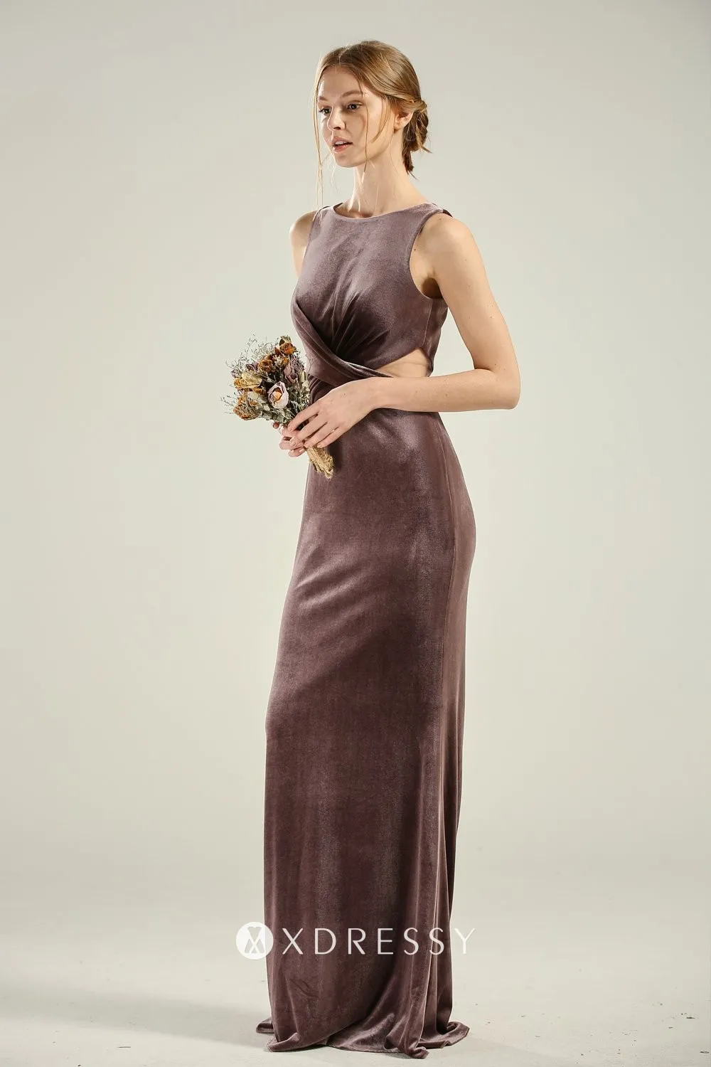 dark mauve velvet criss cross cut out waist bridesmaid dress