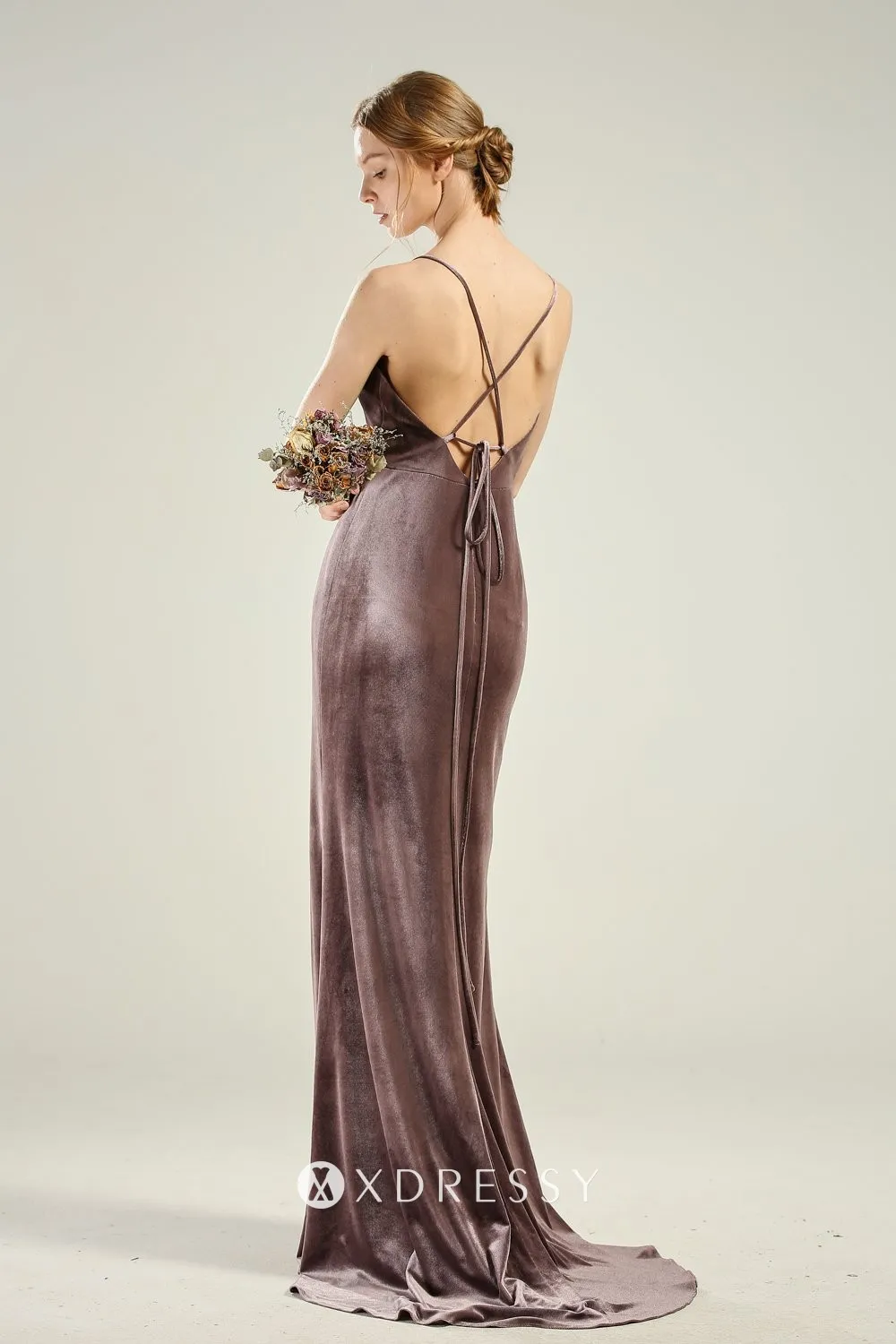 low back with spaghetti straps mocha brown bridesmaid dress