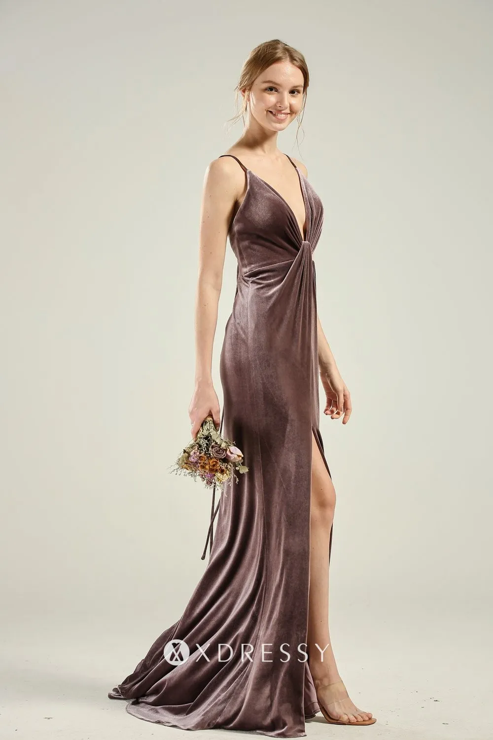 mocha brown plunging V neck split bridesmaid dress