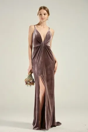 plunging V neck split mocha brown bridesmaid dress