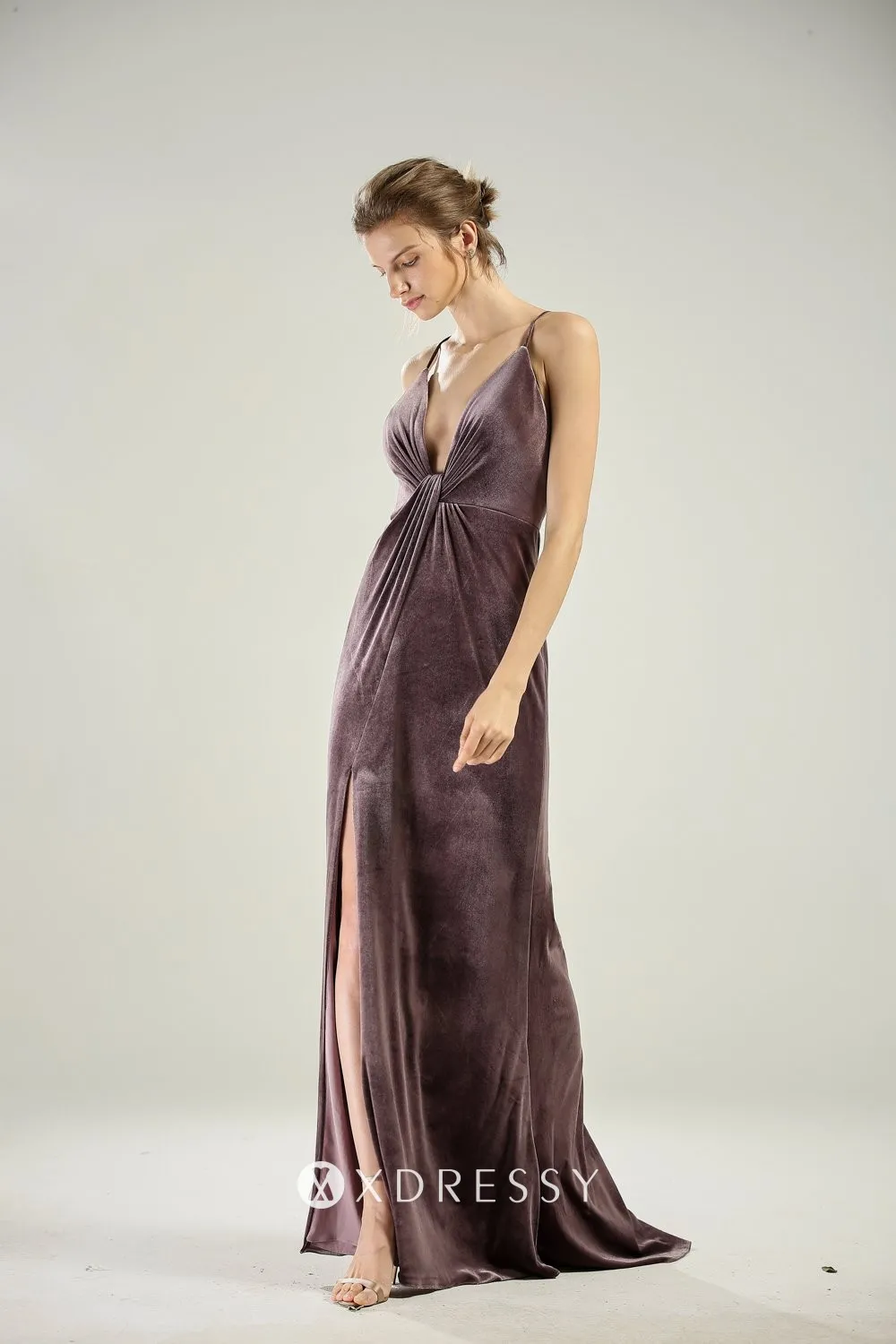 sexy plunging V neck mocha brown bridesmaid dress