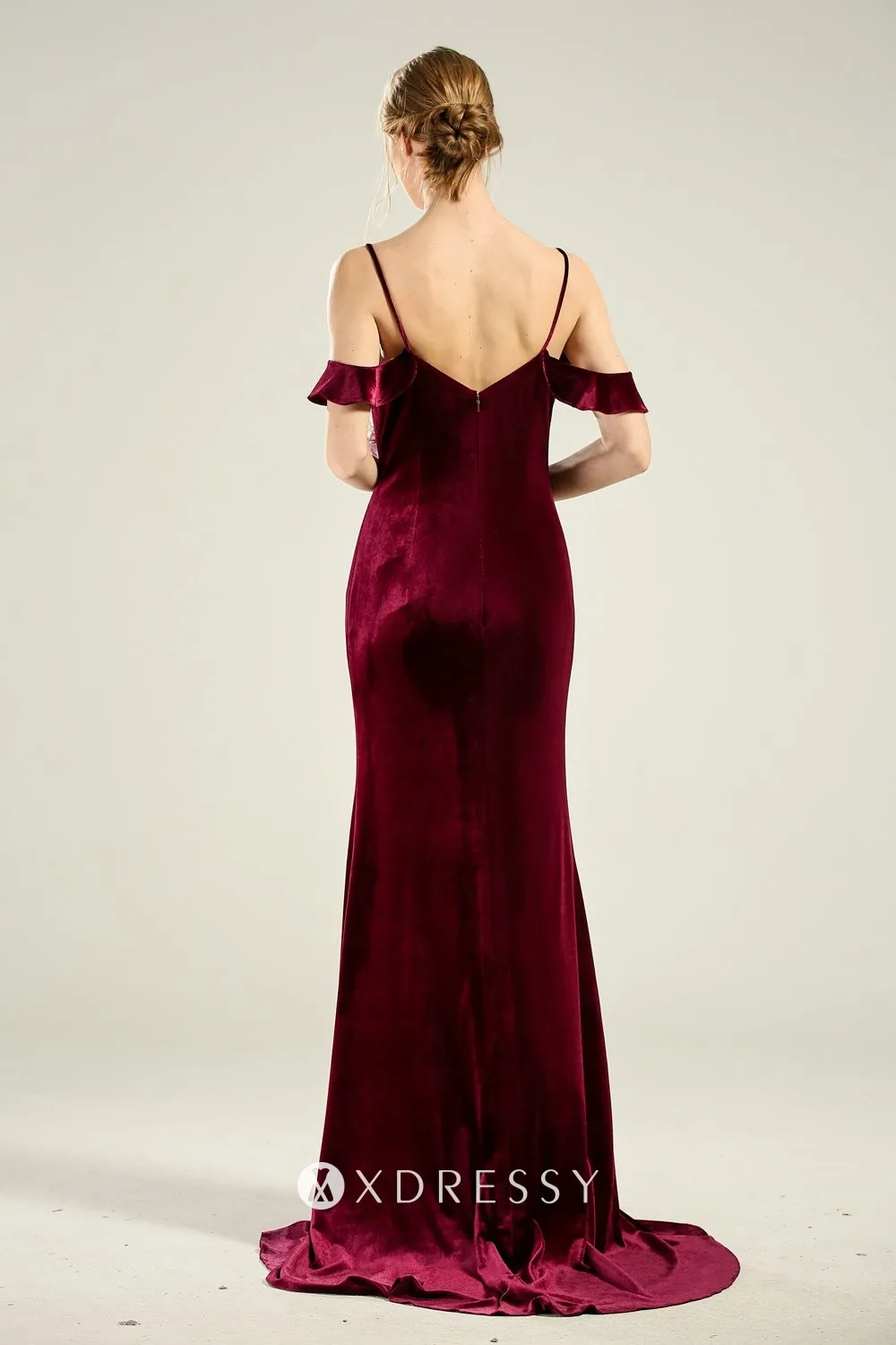 V back burgundy velvet bridesmaid dress with short train