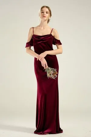 ruffled off shoulder straps burgundy velvet bridesmaid dress